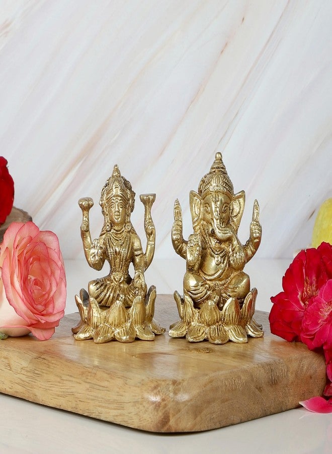 Two Moustaches 3.5 Inches Brass Laxmi Ganesha on Lotus Set, Ganesha Laxmi Idol Set for Home/Temple, Diwali & Housewarming Gifts, Standard, Pack of 2 - Image 2